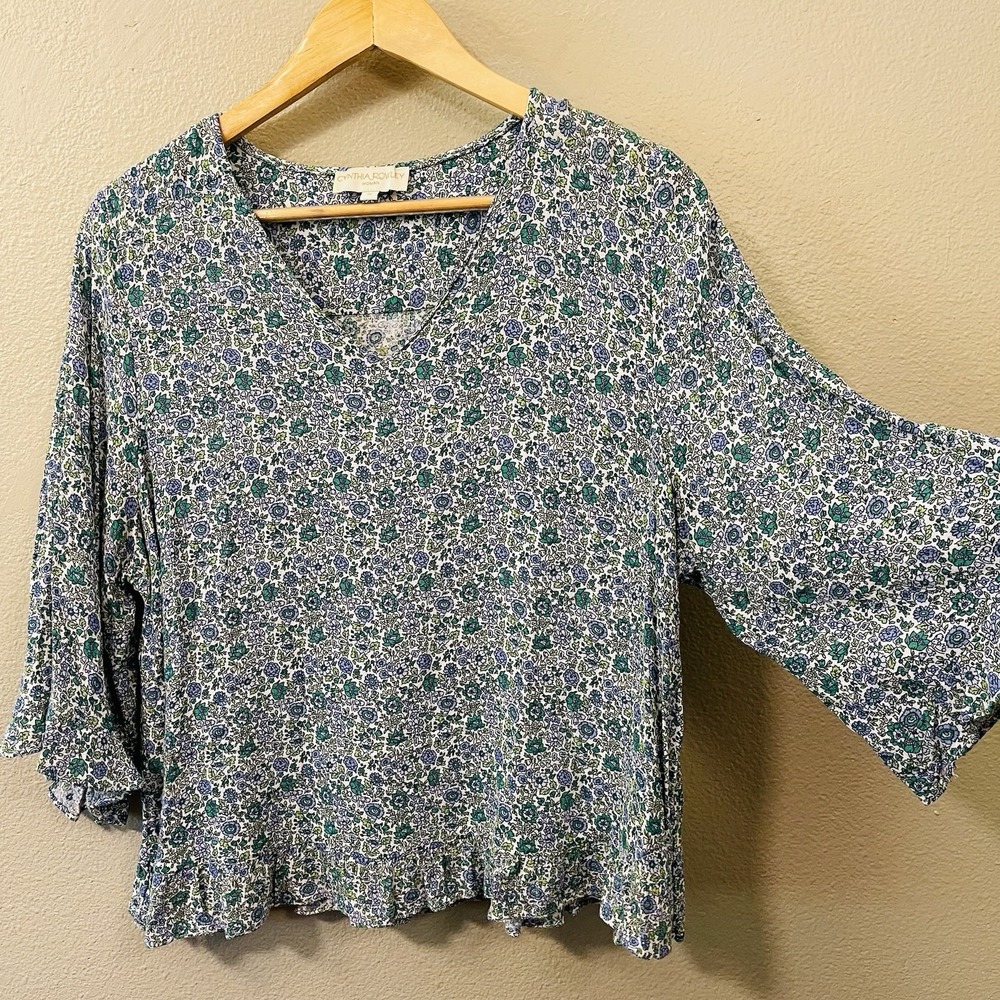 Cynthia Rowley Ditzy Floral Top Ruffles Flowy Blue Green Cottagecore Grandma 1X